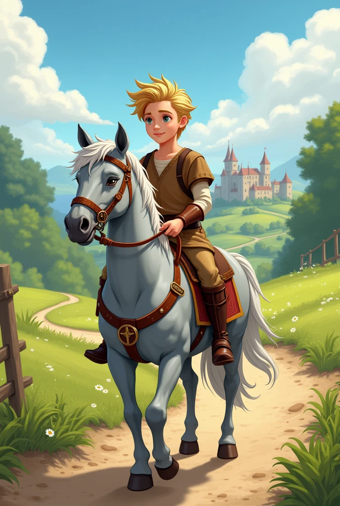 Drawing animation
Young white man, blond hair and sweet face, with a brown medieval peasant outfit, on grey horse in a medieval decor