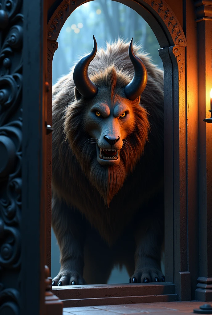 Have the Disney-style beast from Beauty and the Beast behind a door 