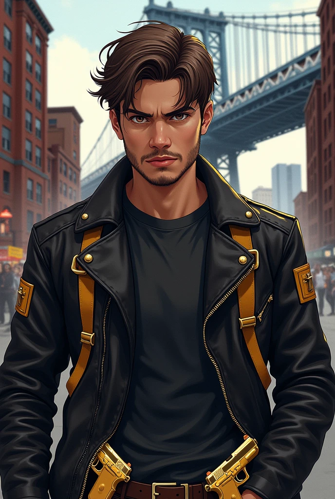 A 20-year-old young man with brown hair, thin beard and a serious expression, illustrated in a detailed style. He is wearing a black leather jacket with yellow-brown accessories, such as buckles and patches. A pair of golden pistols is holstered at his waist, gleaming subtly. A pair of golden pistols is holstered at his waist, gleaming subtly. The background features the iconic Manhattan Bridge in New York City, with the urban landscape visible in the distance, creating a dramatic and modern setting.