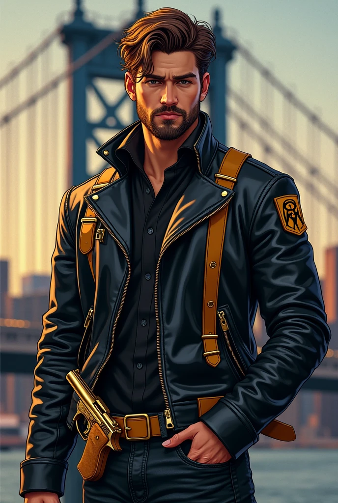 knight wearing a hat and wearing jeans and a brown leather jacket, inspired by the movie Mad Max style, with a rifle in his hands, a chaotic city behind him, his harley Davidson at his side --auto --s2