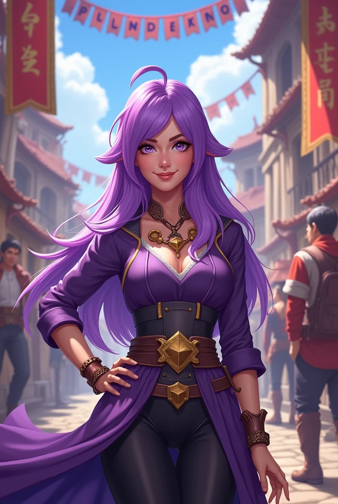 a purple haired woman leads a guild, she was happy smiling looking at the camera with a title welcome to plunderes