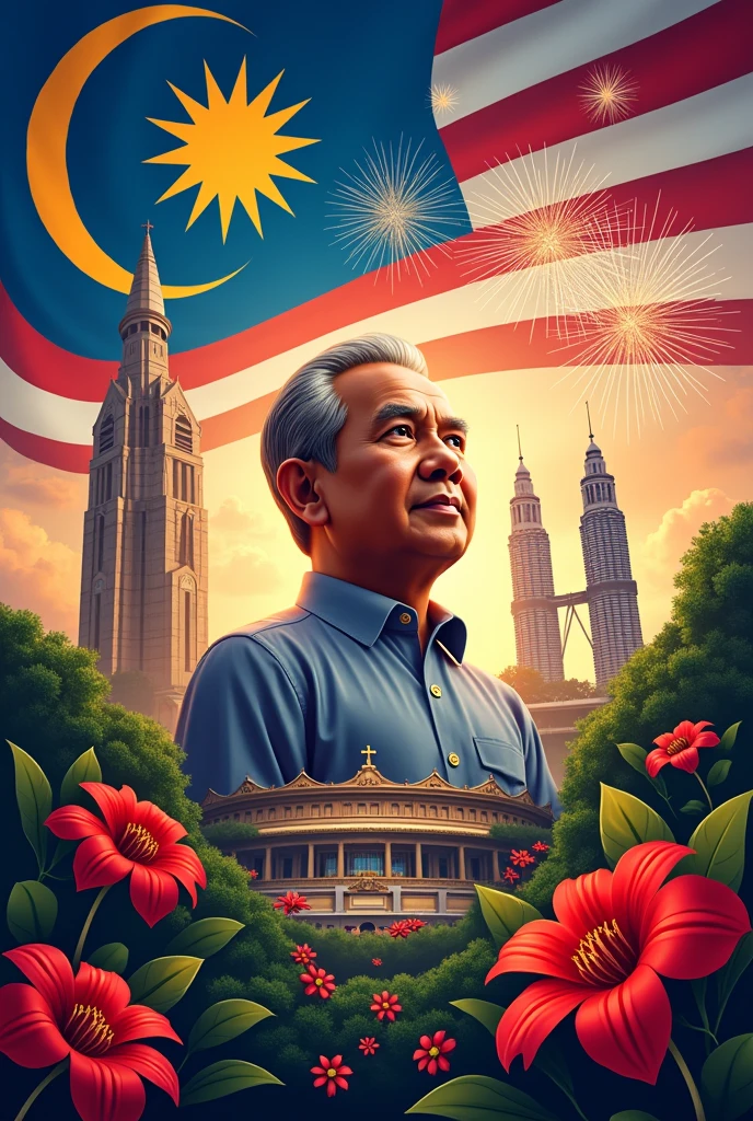 malaysia independence day poster , with tunku abdul rahman putra al haj , tugu negara , bangunan berkembar KLCC , bendera Malaysia , bunga raya , bunga rafflesia , bunga api , stadium merdeka , please make it look like poster , with this written on it “Malaysia Madani : Jiwa Merdeka”