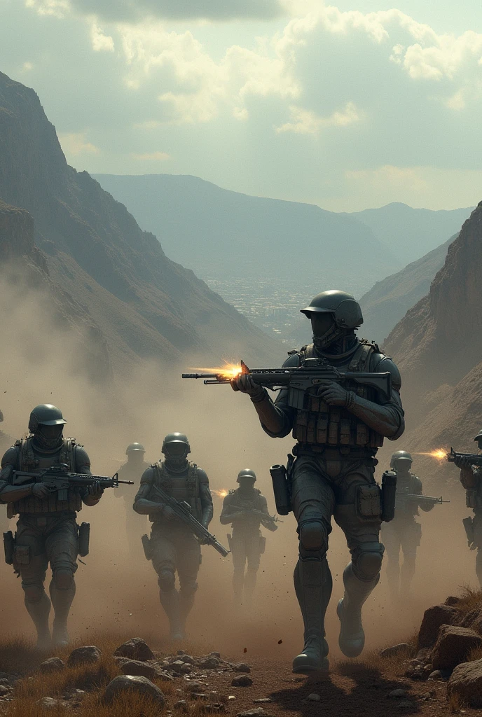 Military battle between 10 soldiers with weapons and 10 androids with weapons in the USA