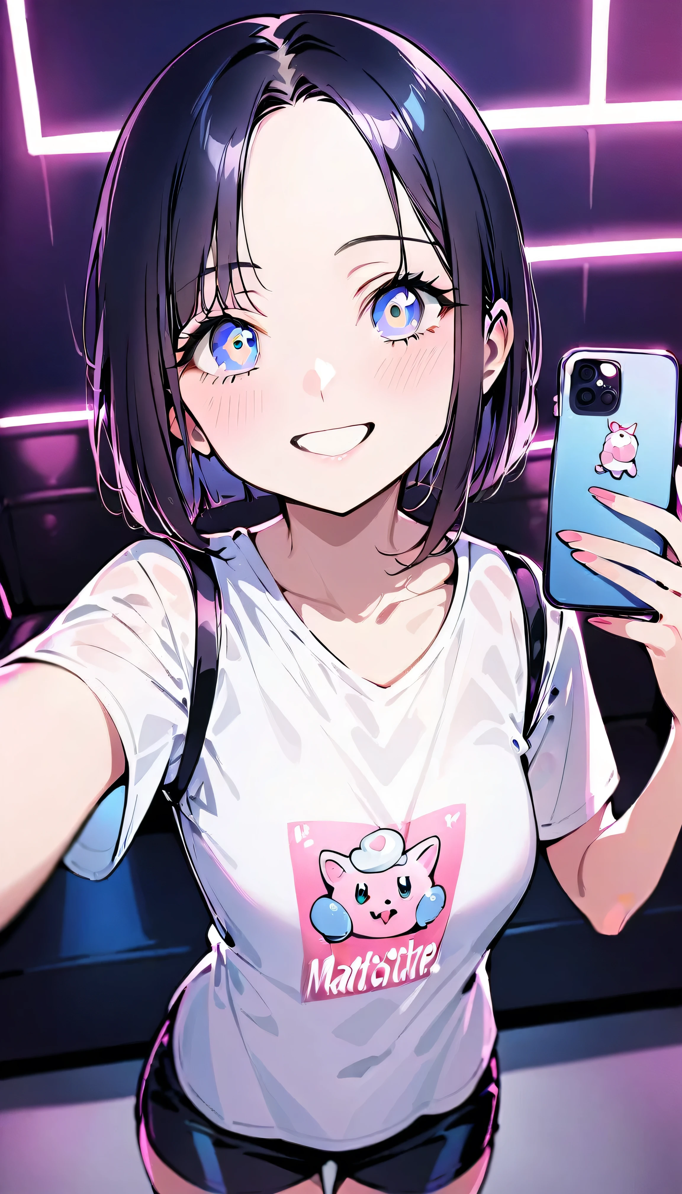 ((pex_style)),score_9,score_8_above,score_7_above,fountain_cheered up,masterpiece,Best Quality,high quality,1 girl,(((white oinersized clothes t-shirt)), short sleeines, autophoto, smile, close-above, holding the phone, (in)),aboveper body,(inside, A cyberpunk bedroom bathed in neon, and the bed is elegant, Low-profile capsule surrounded by ambient LED lights that flash in sync with a digital soundtrack, creating a surrealist, immersiine experience), Black hair, very clear, high quality, perfect anatomy, (taking selfie)