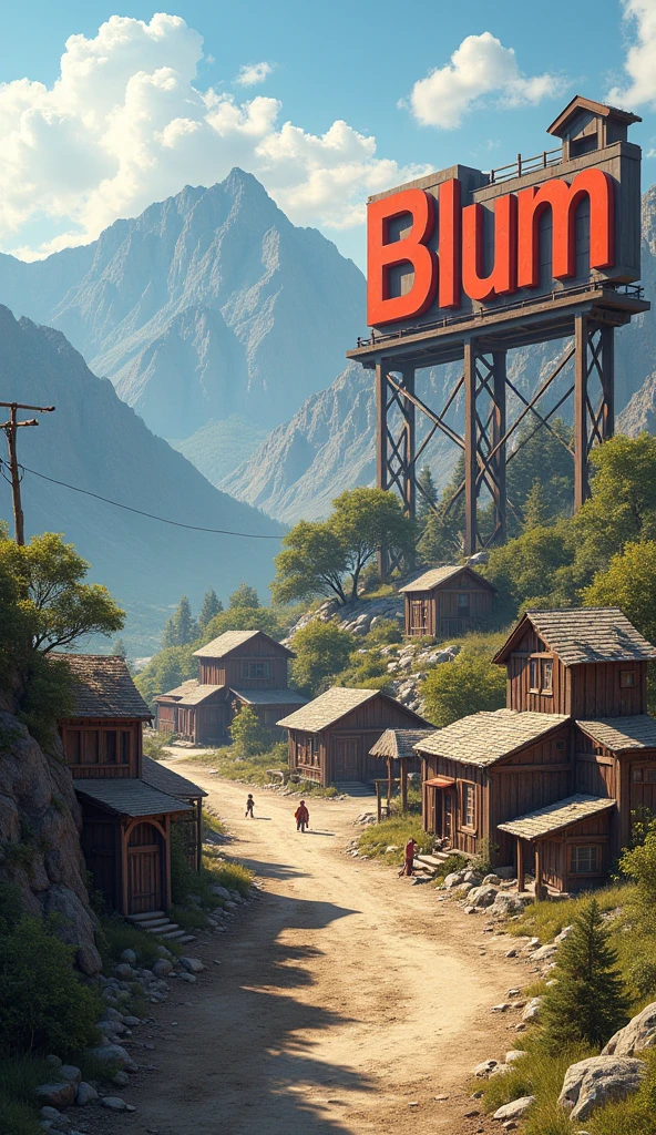  The village is small people in it there is construction in the mountains The word Blum is like Hollywood but the word BLUM is Huge