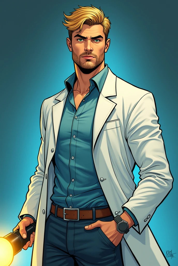 20 year old college man with short blond beard, with golden green eyes wearing a lab coat and he with a full body with an investigative face and a flashlight in his hand, the image in the form of dc comics art, image must show the character in full body, no back ground