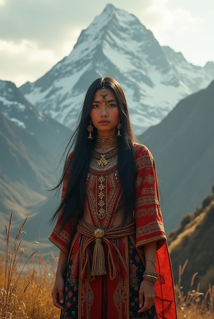 A detailed indigenous Shuar woman in the Andes mountains, standing in front of a snowy peak, realistic, photorealistic, ultra-detailed, 8k, best quality, masterpiece, dramatic lighting, vibrant colors, natural environment, intricate cultural details, detailed facial features, flowing hair, elegant attire, serene expression, majestic mountain backdrop, atmospheric fog, warm golden tones