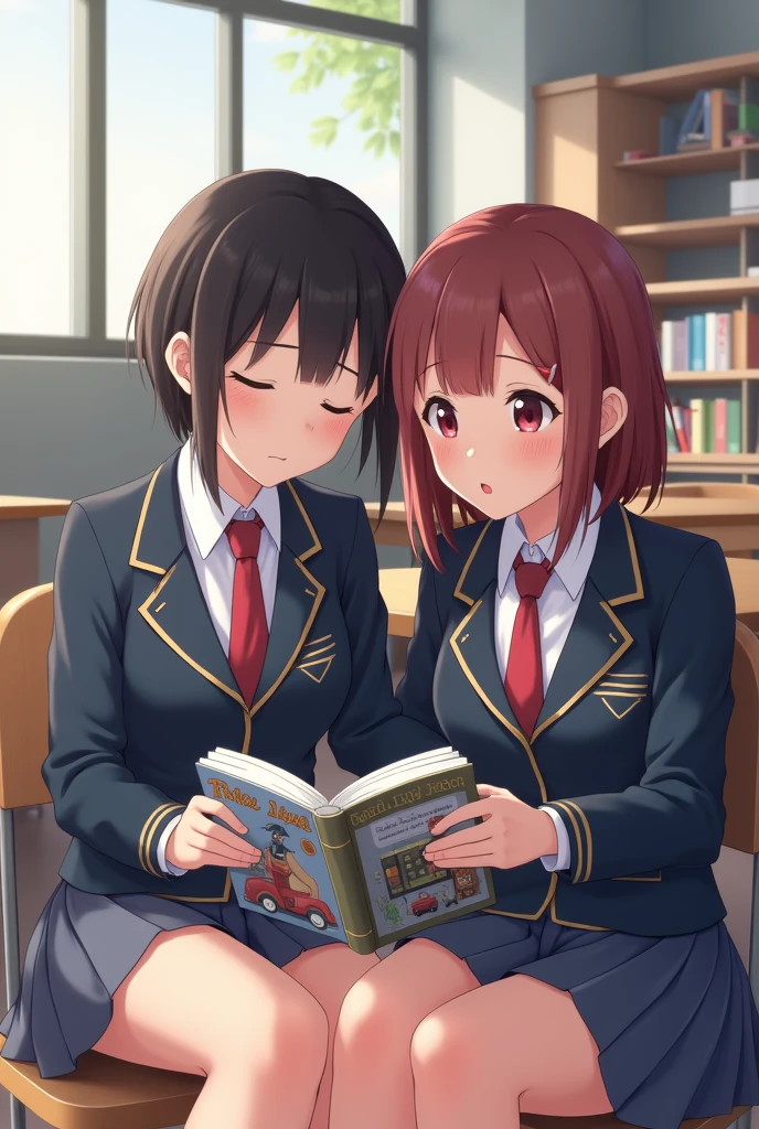 Create some anime version of young people and have them reading a book together in school uniforms