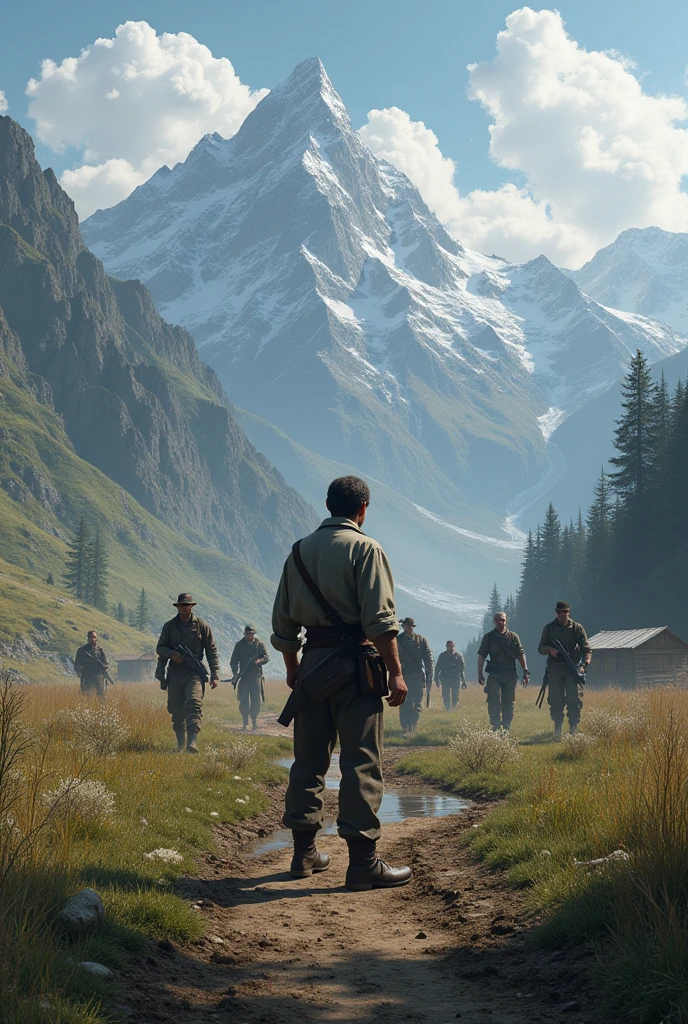 Generates a man who is working on his plot surrounded by mountains and rivers, A group of armed men dressed in civilian clothes arrive at the plot