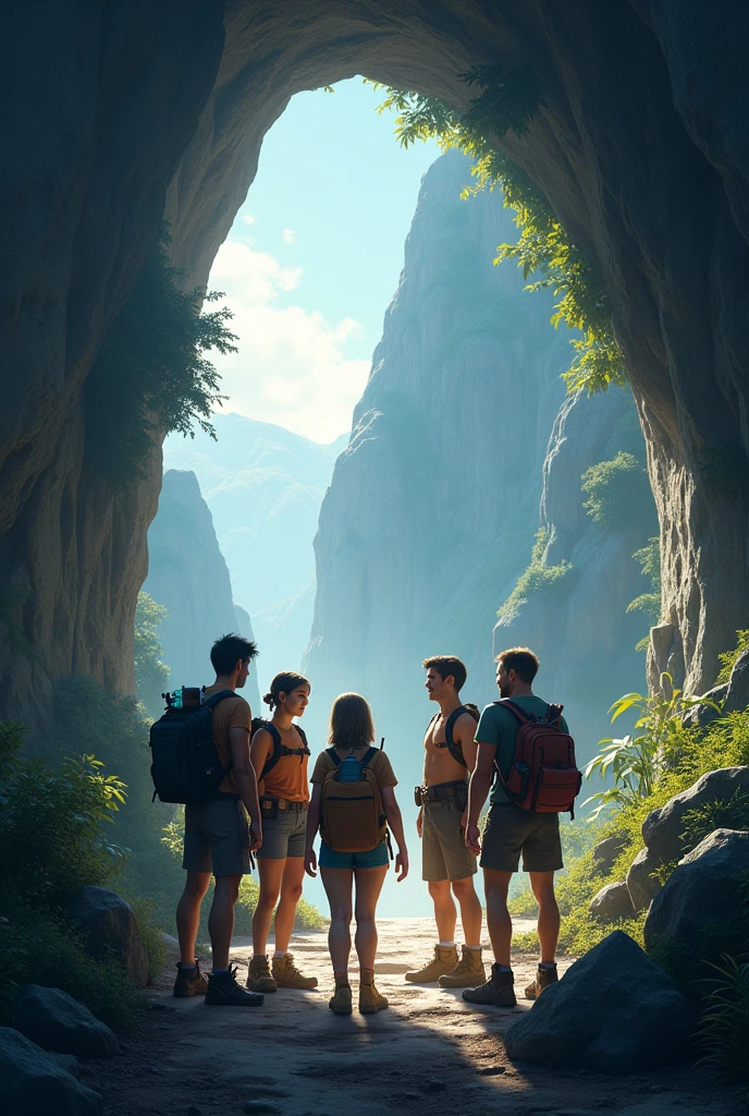 Create a scene where 5 men and 1 woman are about to enter a cave, looking ahead with curiosity (cheered up)