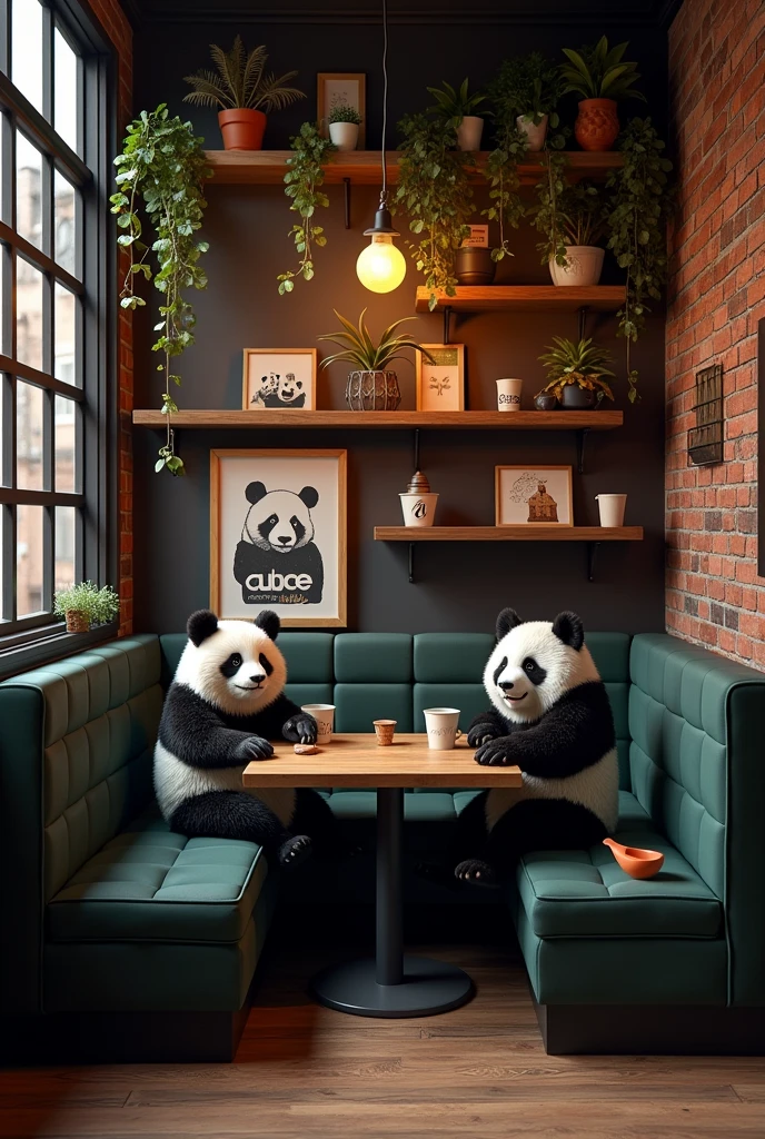 I need you to design me the image of a small coffee shop, of two tables, rock n roll style, pictures of pandas, with lots of decoration, original and creative. I need the decoration, simple but cozy. And the cafeteria must be in black.
