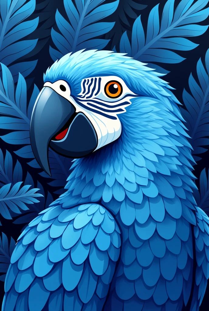 Create an illustration of a parrot's head in a 3/4 view, designed to be made into a mosaic. The parrot's head should be composed entirely of different shades of blue, with clear, flat color areas to represent the individual mosaic tiles. The background should be filled with jungle leaves, also in flat colors and various shades of blue, to complement the parrot. The design should focus on capturing the parrot's features while being simplified enough to work well as a mosaic