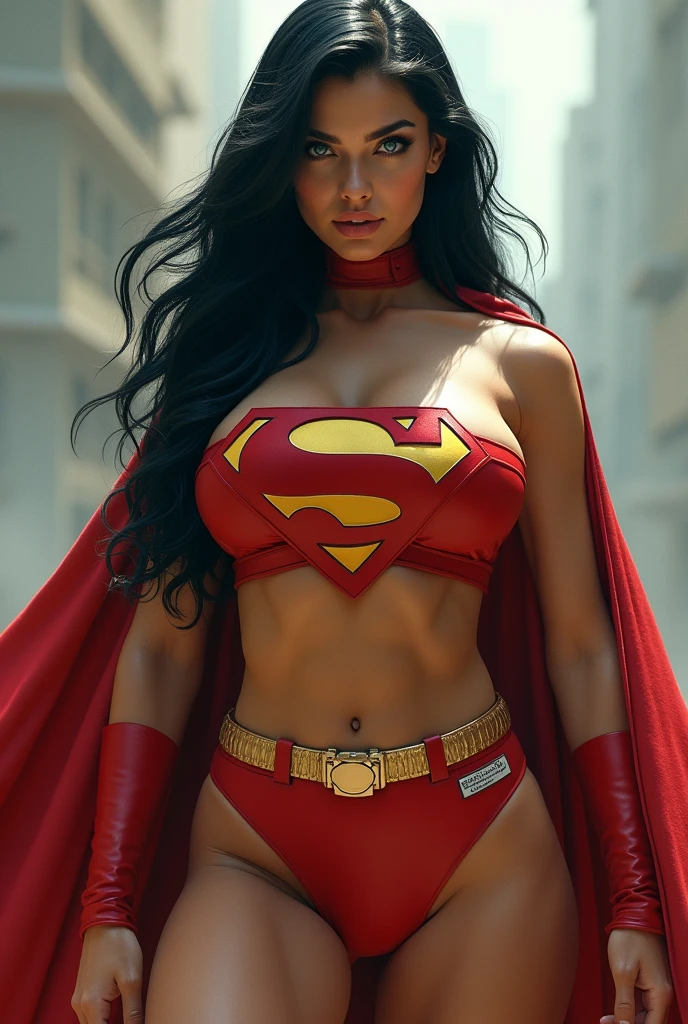 A HYPER MUSCULAR, FEMALE BODY BUILDER, WITH LONG BLACK HAIR, BLUE EYES, WITH HUGE BULGING SWOLLEN MUSCLES, WEARING A CLASSIC SUPERMAN COSTUME AND RED CAPE. ABSURD 8K RESOLUTION, INCREDIBLY DETAILED SKIN AND EYES.