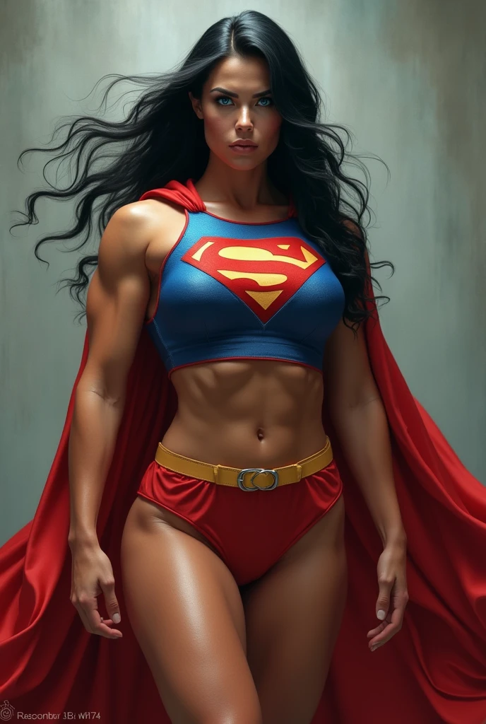 A HYPER MUSCULAR, FEMALE BODY BUILDER, WITH LONG BLACK HAIR, BLUE EYES, WITH HUGE BULGING SWOLLEN MUSCLES, WEARING A CLASSIC SUPERMAN COSTUME AND RED CAPE. ABSURD 8K RESOLUTION, INCREDIBLY DETAILED SKIN AND EYES.