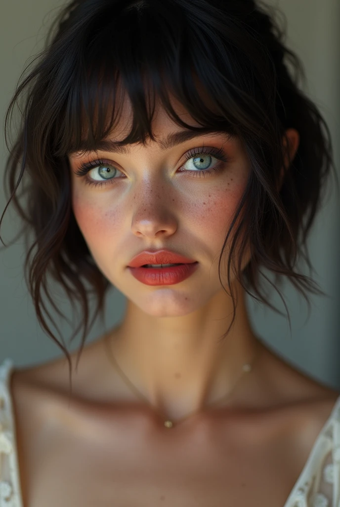 photo super réaliste, belle fille de 18 ans, grande, sexy, belles courbes, jeune femme européenne, naturelle, brune, blanche avec des lèvres rouge sang, rougeurs, charmante, coupe au carré cheveux court, tâche de rousseurs, cheveux noire comme la nuit, porte une frange, yeux bleu claires et perçants, rare, sublime, douce, sensuelle, (réaliste), (meilleure qualité), 8k ultra HD, haute résolution