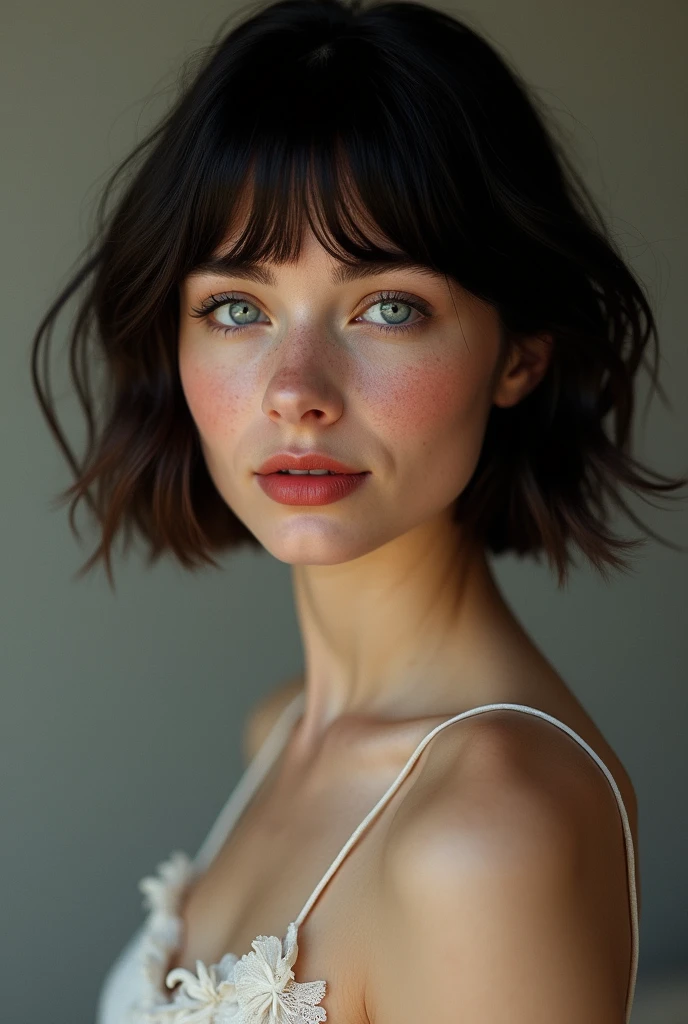 photo super réaliste, belle fille de 18 ans, grande, sexy, belles courbes, jeune femme européenne, naturelle, brune, blanche avec des lèvres rouge sang, rougeurs, charmante, coupe au carré cheveux court, tâche de rousseurs, cheveux noire comme la nuit, porte une frange, yeux bleu claires et perçants, rare, sublime, douce, sensuelle, (réaliste), (meilleure qualité), 8k ultra HD, haute résolution