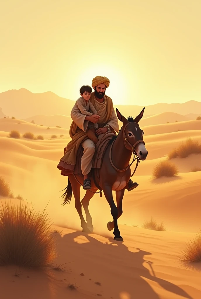 Father and son both on donkey in the desert