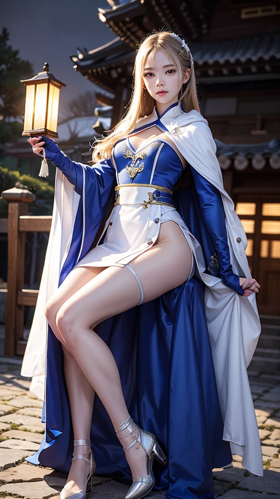climbing a temple wall South korea women mystery hooded on with modern royal Blue coat with long and wide sleeves with buttons and royal Blue cape and very high white heel over the knee and white gloves, As she reveals a small secret hidden blade coming from his palm , adding to the character's mysterious and agile appearance, with small movements of air on the cape,, in summer at night under the rain,medieval south korea house. sophisticated and highly detailed, ultra hd, realistic, hyper detailed, enhanced colours, ultra sharp focus, with vibrant, rich in details High quality, gorgeous, captivating, 8k, super detailed, stunning shadows, detailed lines, just after to make a murder
