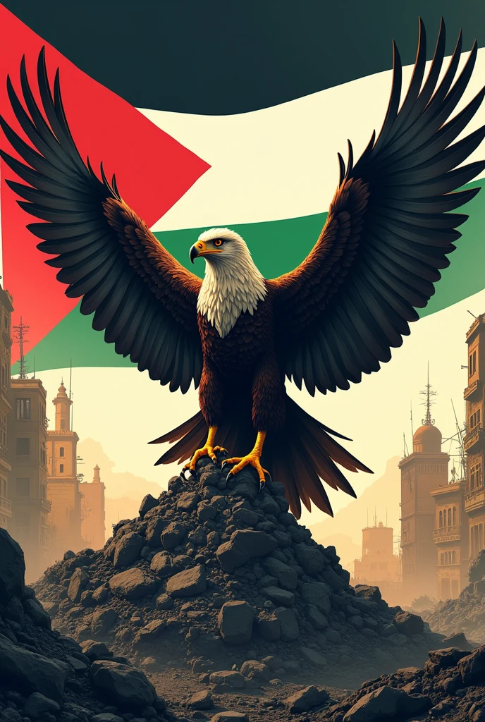 Palestine poster, of a Steppe Eagle with the flag of Palestine, Rising from the ashes and rubble of a city.