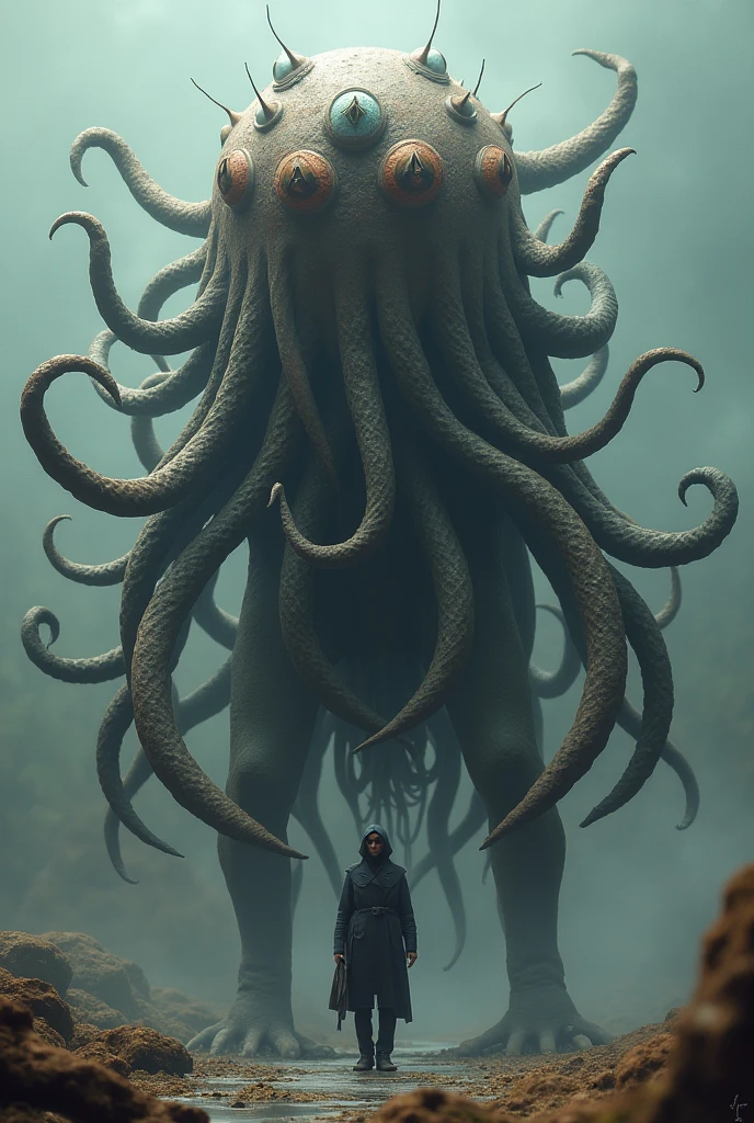 A being between two and three meters tall and resembles a bundle of tentacles, constantly moving and changing color  at the top of the bundle are eight stalked eyes with triangular pupils. 