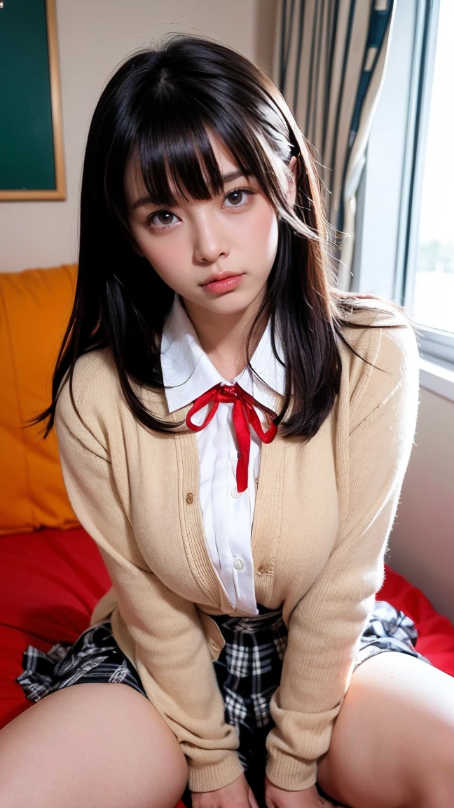 (((8k、High resolution、Highest quality、High resolution)))alone、Natural body shape、White skin、Natural Makeup、Black Hair、bangs、Straight Long Hair、、((High School Uniform)) 、((Beige cardigan、white collared long sleeve blouse))、((Red checkered pleated skirt))、(red school ribbon)、、(Big Breasts)、((The upper body is wearing a uniform))、(((((Looking into the camera)))))、(((Head to shin portrait)))、(((Exposing your thighs)))、Bedroom、On the bed、Sit with your legs apart、((Focus on the crotch))、White socks