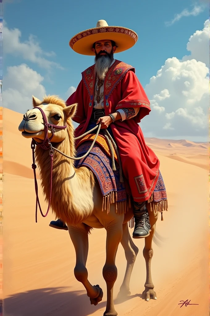 Man dressed in red with a Mexican hat riding a camel