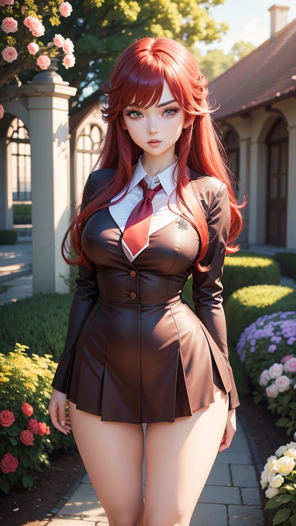 (Rias Gremory:1.1),beautiful detailed eyes,(school uniform) with meticulous details,red hair flowing down her back,long eyelashes,fierce and confident expression,standing in a garden filled with vibrant flowers,soft sunlight illuminating her figure,immaculate complexion,graceful posture,clear blue sky in the background,artistic portrait,high resolution and realistic rendering,vivid colors and sharp focus,portrait in an anime style