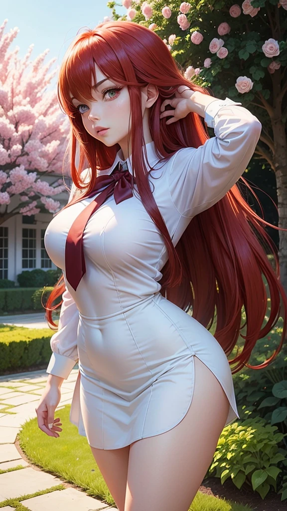 (Rias Gremory:1.1),beautiful detailed eyes,(school uniform) with meticulous details,red hair flowing down her back,long eyelashes,fierce and confident expression,standing in a garden filled with vibrant flowers,soft sunlight illuminating her figure,immaculate complexion,graceful posture,clear blue sky in the background,artistic portrait,high resolution and realistic rendering,vivid colors and sharp focus,portrait in an anime style