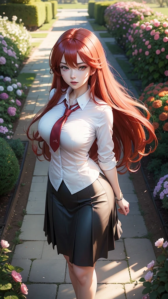 (Rias Gremory:1.1),beautiful detailed eyes,(school uniform) with meticulous details,red hair flowing down her back,long eyelashes,fierce and confident expression,standing in a garden filled with vibrant flowers,soft sunlight illuminating her figure,immaculate complexion,graceful posture,clear blue sky in the background,artistic portrait,high resolution and realistic rendering,vivid colors and sharp focus,portrait in an anime style