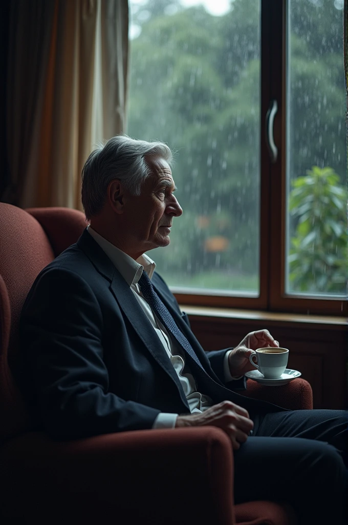 A man drinking coffee is watching the rain through the window 