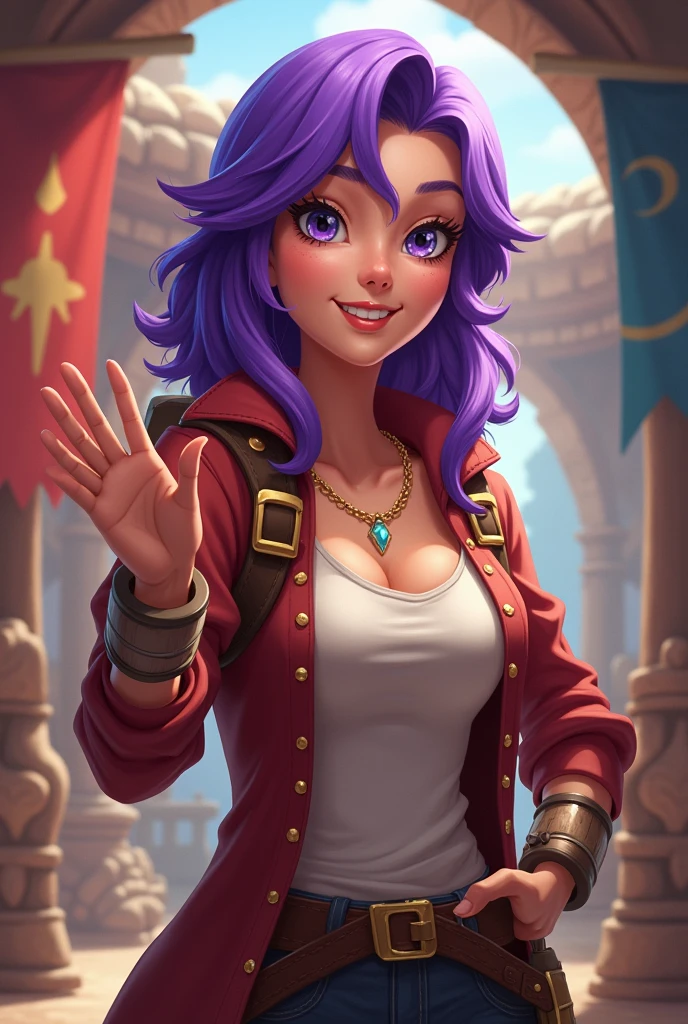 a purple haired woman leads a guild, she was happy smiling looking at the camera with a word welcome to plunderes