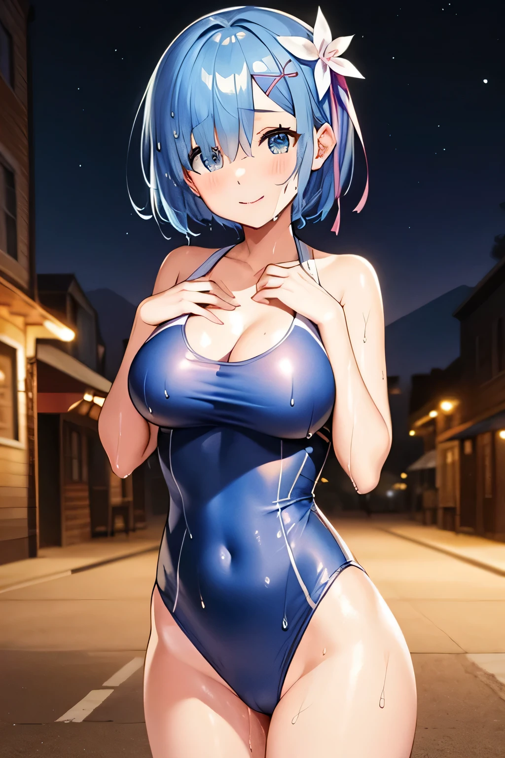 poor, short hair, x Hair accessories, Hair Ribbon, Hair on one eye, Large Breasts, Cleavage, (Low length:1.1),Cowboy Shot,(Wet Skin:1.3),
break 
(software), Please place your hand on your chest, head tilt
break
little smile, Happy, (blush), (shut up.)
break 
official art, masterpiece, Highest quality, Highest Resolution, 8k, Most detailed, perfect anatomy
break
Wild West, Western Towns, Dust, Night Sky, Highly detailed CG Unity 16K, Very beautiful 16K CG wallpaper,(highleg swimsuit:1.2)