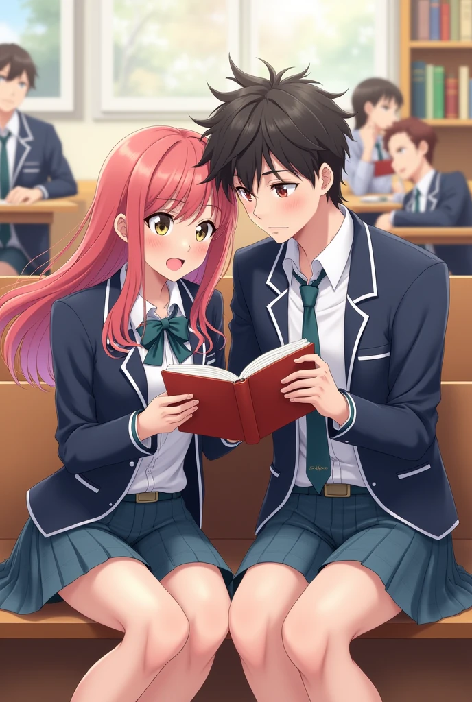 Create a young woman and man anime version and have them reading a book together in school uniforms