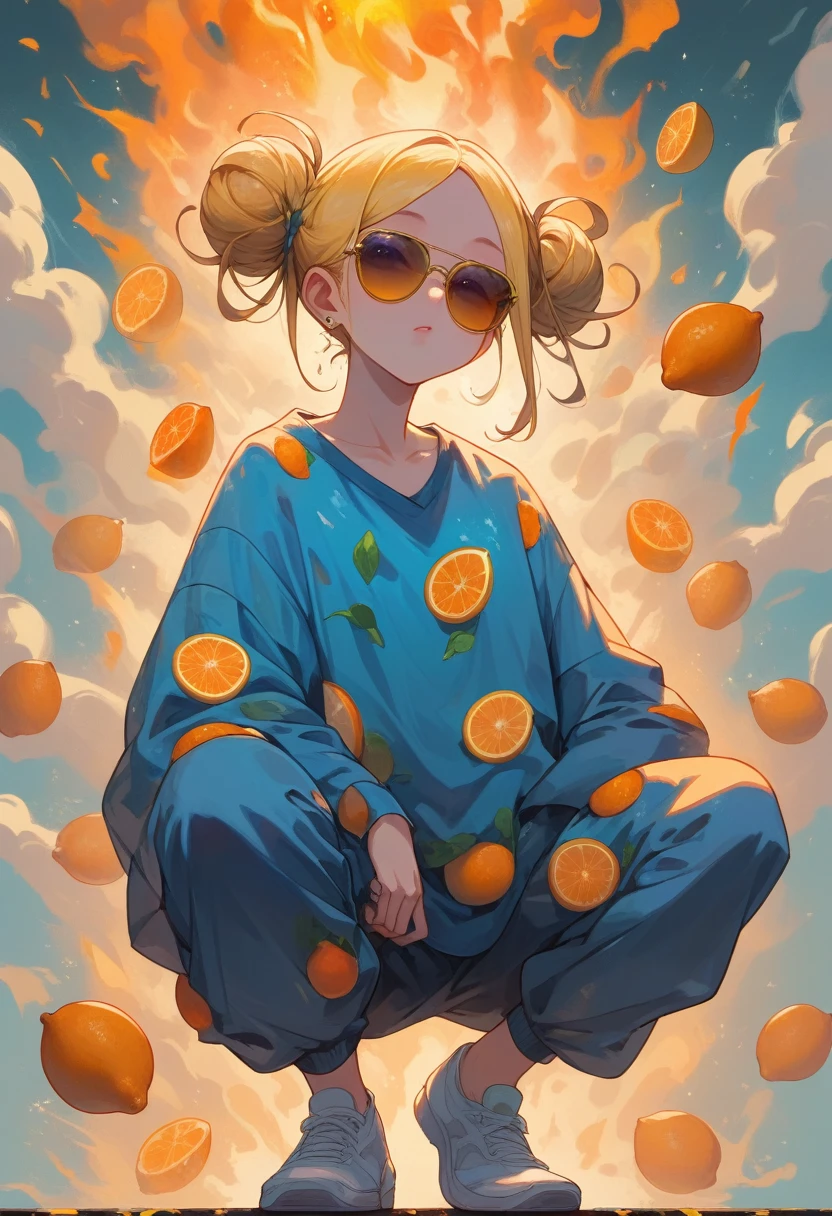 Horror film style Being ethereal, loose bun, lasts transparent bioluminescent, very sexy big sunglasses Sensual cleavage Goku + Sarada Power, yellow hair heat spray curled full body posture, lowered crouched perspective emitting moody constellation of tones including brown,fire  black gold pinkshock neon , lemon, love it neon cyan, surrounded by a storm of luxurious light, explosion of oranges and reds