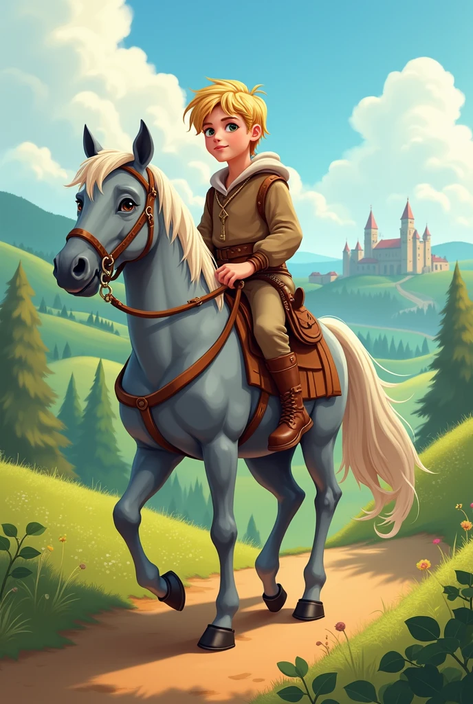 Drawing like animation
Young white man, blond hair and sweet face, with a brown medieval peasant outfit, on grey horse in a medieval decor