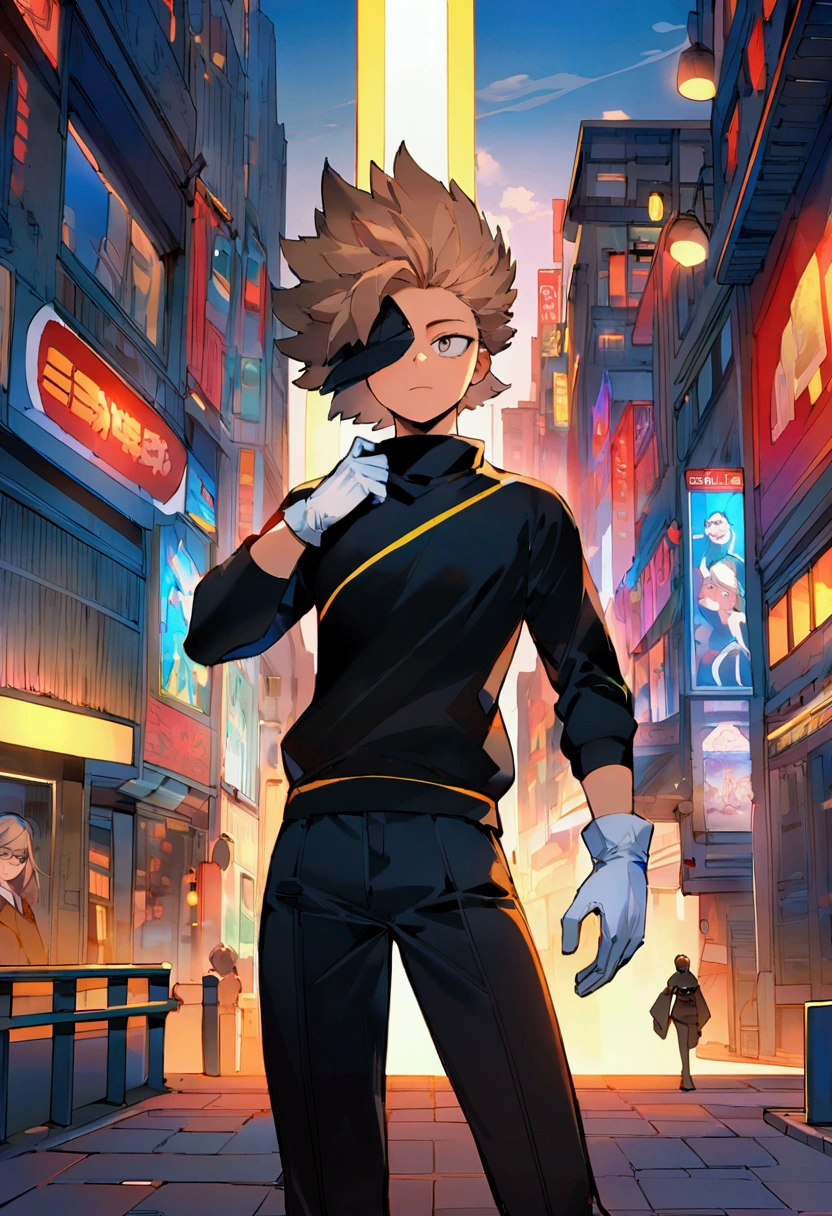 Create a character in the style of boku no hero academia, a 15-year-old male with striking grey eyes and light brown hair that elegantly falls over his left eye. He is clad in a sleek black sweatshirt and matching black jeans, accentuated by crisp white gloves. The backdrop features a vibrant, bustling cityscape reminiscent of a dynamic comic book setting, with vivid colors that enhance the character's striking appearance and add depth to the scene.