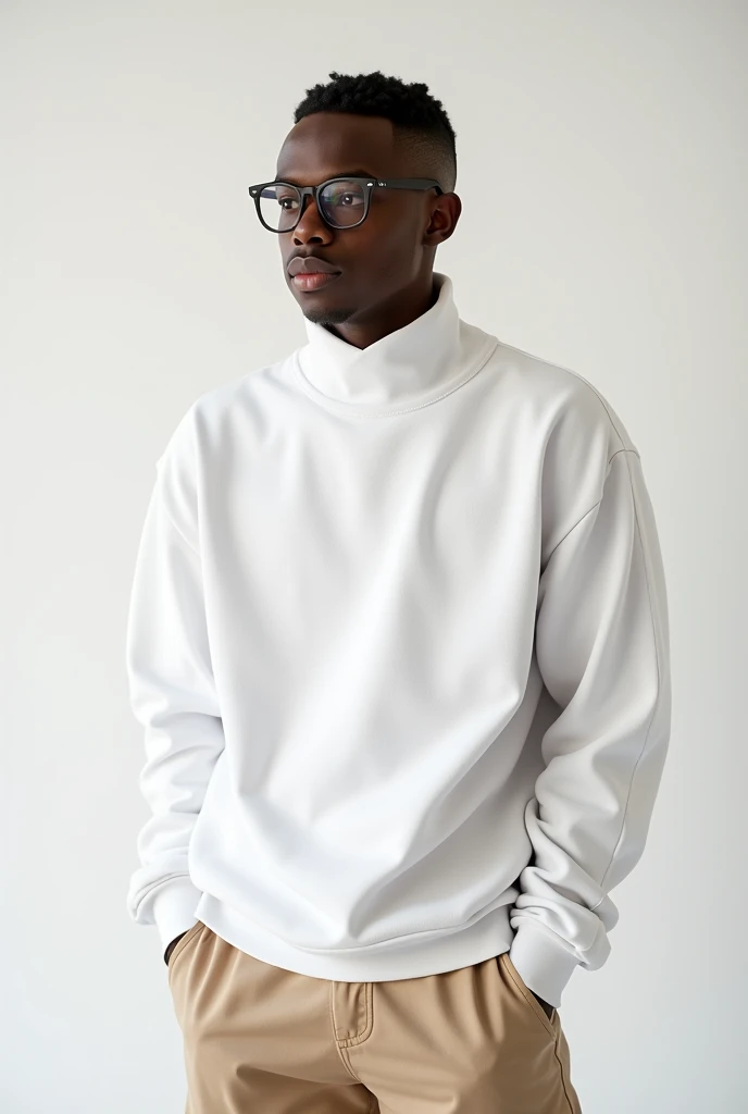 best qualityer:1.4), (ultra high resolution:1.2), (photorrealistic:1.6), (8k, CRU photo:1.2),  a 20 year old dark skinned young man. Haircut with shaved sides and short top. He is wearing a white long-sleeved, high-neck sweatshirt.. beige social pants. Black Round Prescription Glasses. Camera focuses on the face. Standing in a photo studio with a white background. he is Brazilian 
