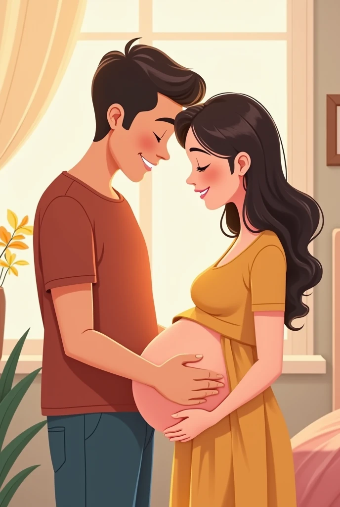 A pregnant woman and her husband kissing her belly in cartoon 