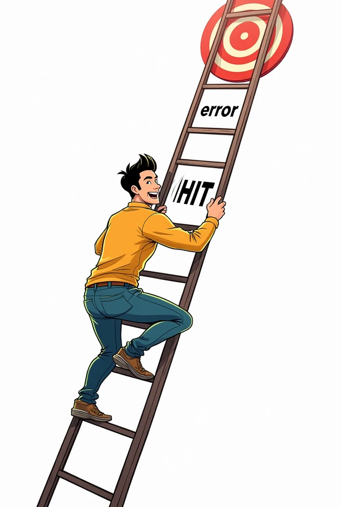Cheerful 27 year old man climbing a ladder to the "target", on each step of the ladder is written "error" and "hit" in digital art, comic style, white background