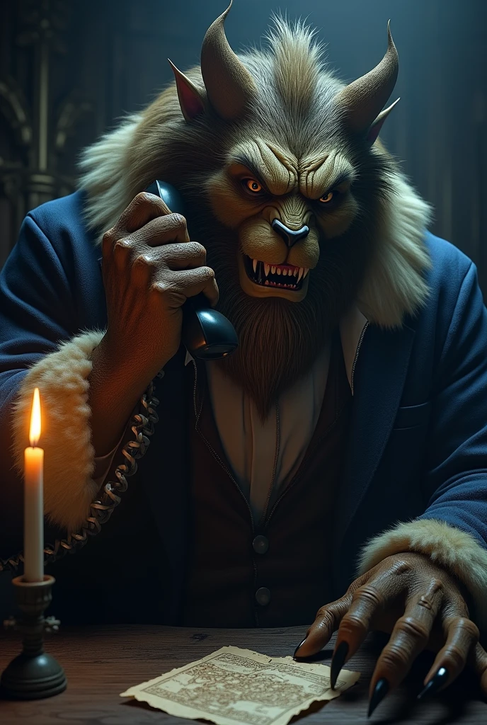 Have the beast from Beauty and the Beast talking on the phone looking like he's planning something