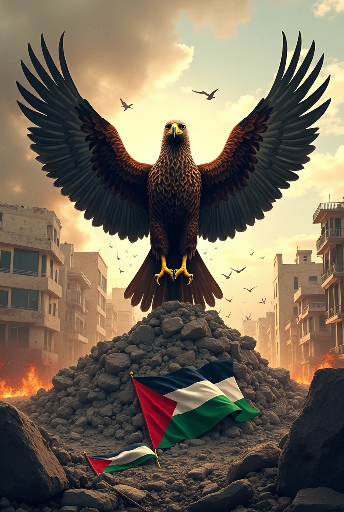 Palestine poster, of a Steppe Eagle with the flag of Palestine, Rising from the ashes and rubble of a city. Trampling on the Israeli flag.