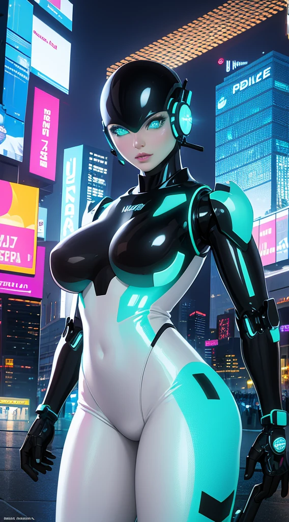 A robot girl with a futuristic appearance and advanced technology, (ultra-detailed,realistic:1.37), [prostituta], beautiful detailed eyes, beautiful detailed lips, long eyelashes, vibrant synthetic skin, sleek metallic body, glowing LED lights, impeccable makeup and hairstyle. She stands in a bustling city street, surrounded by holographic advertisements and neon lights. The cityscape is filled with towering skyscrapers and futuristic vehicles. The air is filled with a mix of artificial scents and the bustling sounds of people and machines. The robot girl confidently walks with a graceful and alluring demeanor, drawing the attention of onlookers. The color palette is a combination of vibrant neon colors and cool metallic tones. The lighting is a mix of the bright city lights and the soft glow of the robot girl's LED lights on her body, creating an enchanting atmosphere. The image is of the highest quality, with ultra-detailed rendering and a photorealistic appearance.