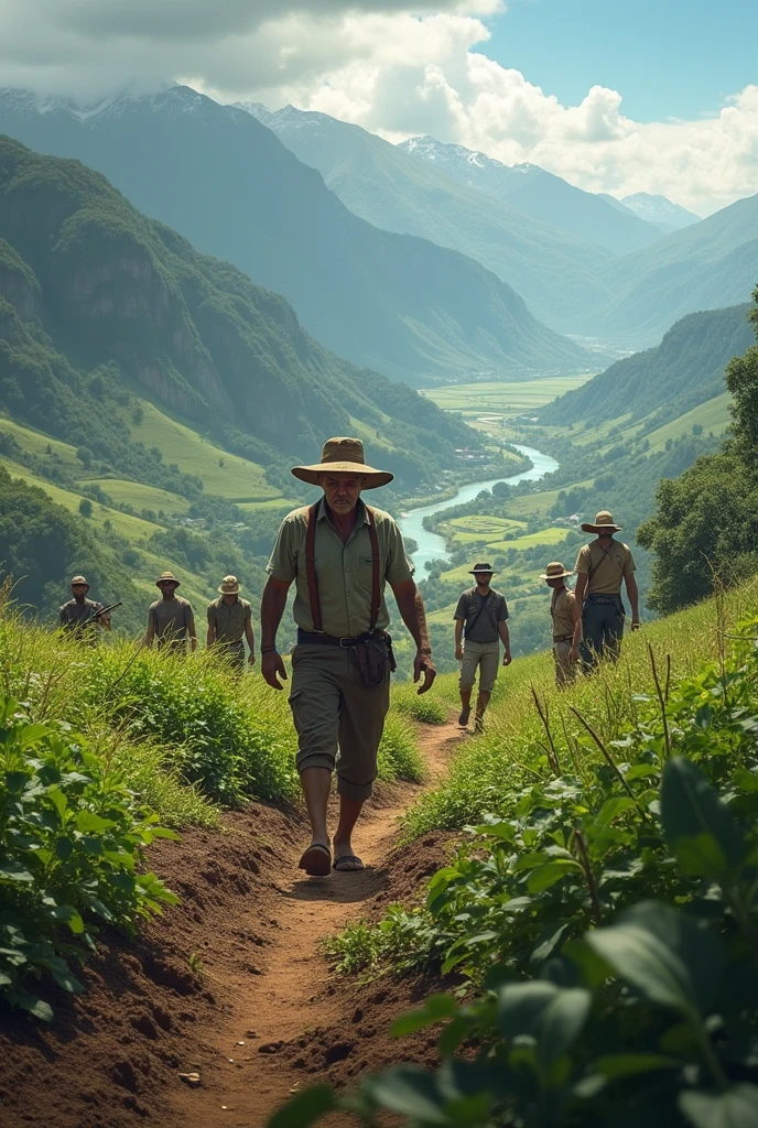 Generates a man who is working on his plot surrounded by mountains and rivers, A group of armed men dressed in civilian clothes arrive at the plot, The armed men begin to destroy the plot and Juan tries to stop them.