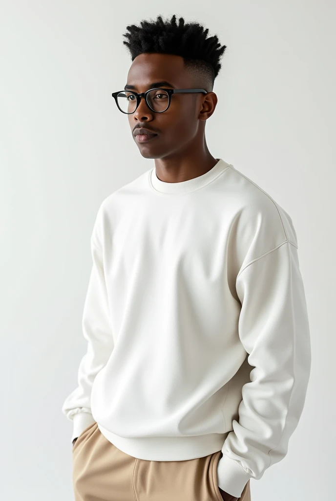 best qualityer:1.4), (ultra high resolution:1.2), (photorrealistic:1.6), (8k, CRU photo:1.2),  a 20 year old dark skinned young man. Haircut with shaved sides and short top. He is wearing a white long-sleeved, high-neck sweatshirt.. beige social pants. Black Round Prescription Glasses. Camera focuses on the face. Standing in a photo studio with a white background. he is Brazilian 