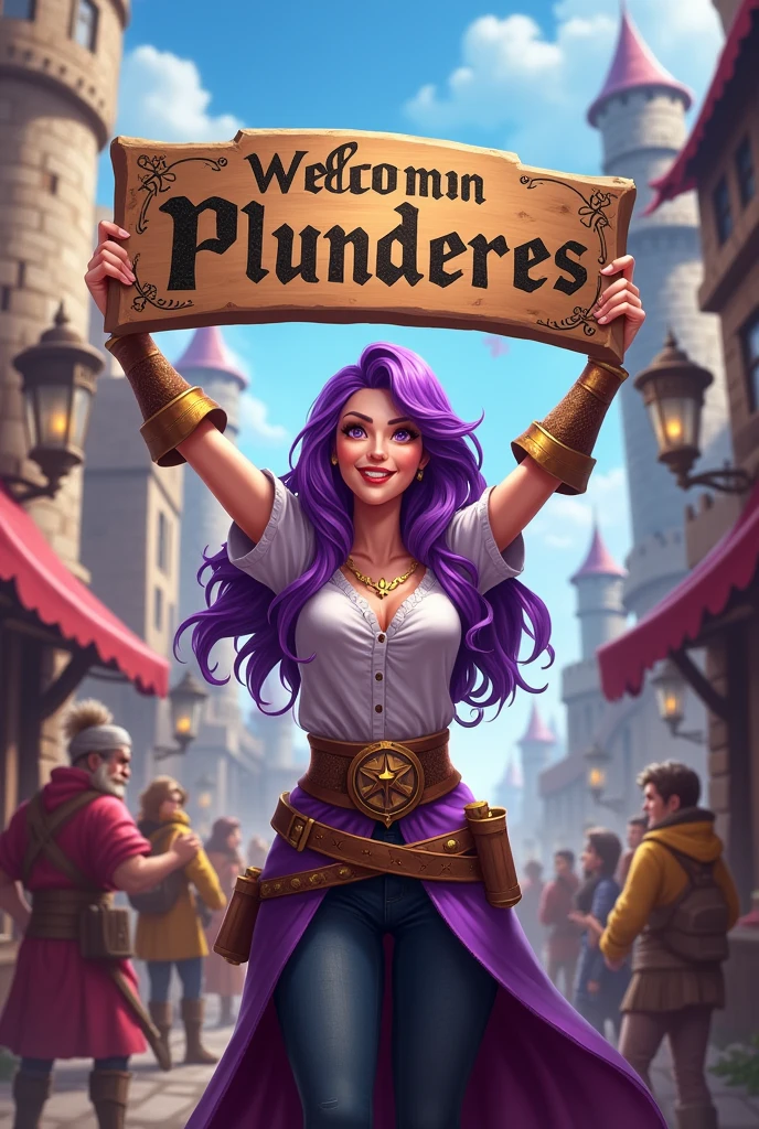 a purple haired woman leads a guild, she was happy smiling looking at the camera holding the word Welcome to Plunderes