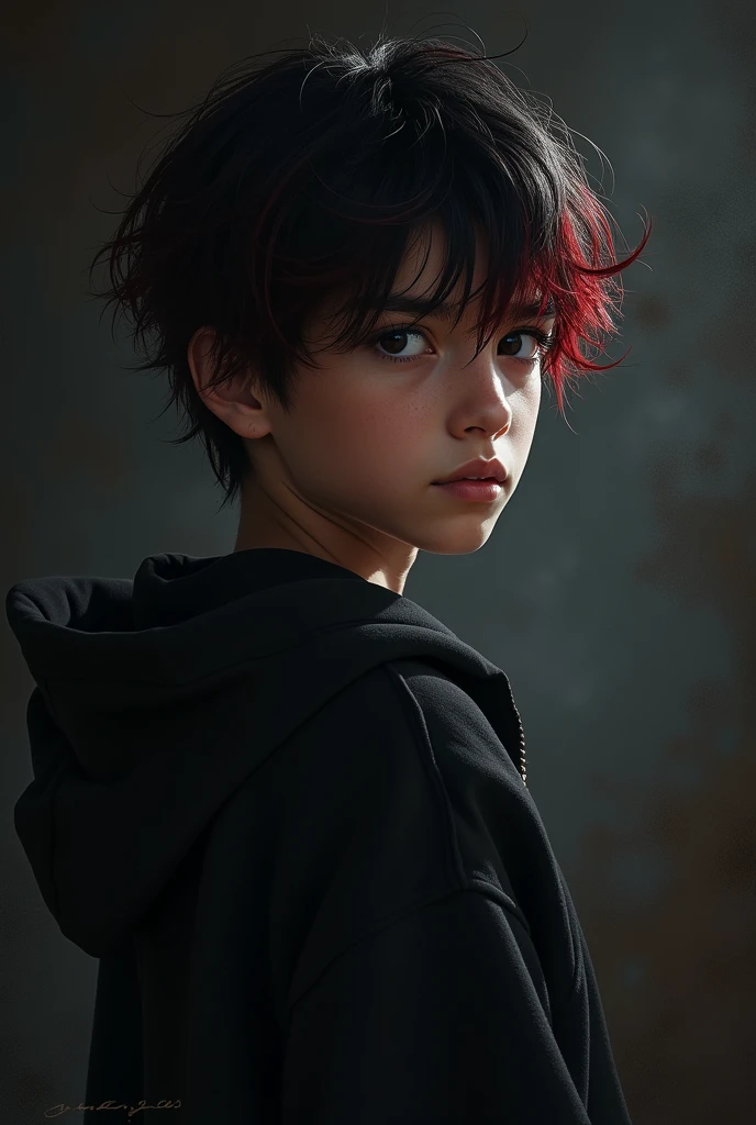 1boy, Black Red Mix Hair, black eyes, dark background, Dim lighting, Turning your back to the camera, Glancing from the right side, masterpiece