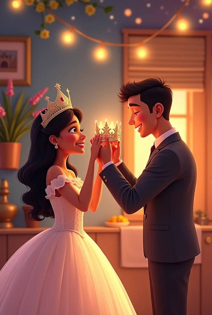Parents crowning a quinceañera animated but without the quinceañera