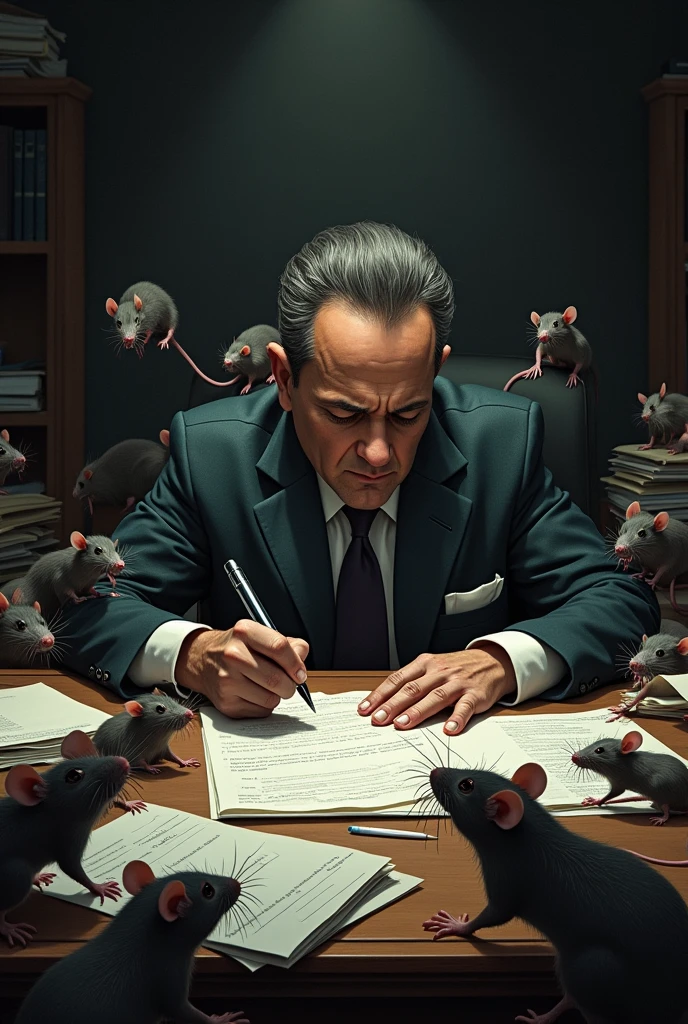 Create an image of Minister Alexandre de Moraes signing documents while sitting and on the table with many rats