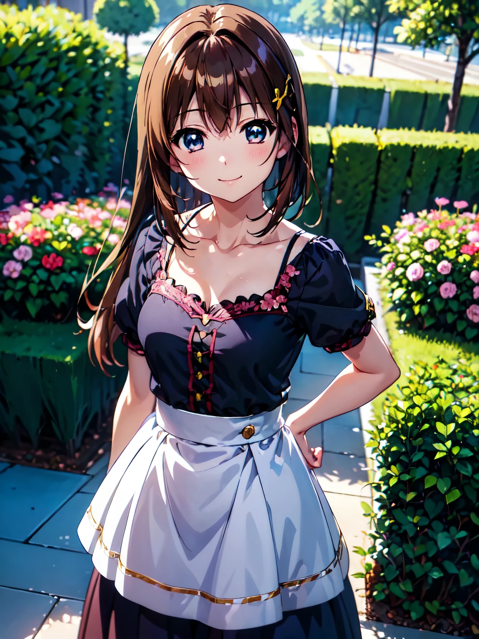 Highest quality、(Anime illustration style:1.5),High resolution、whole body、Standing、garden、hayate yagami、Shortcuts、Beautiful brown hair、Beautiful and attractive red eyes、Cross hair clip、smile、Very detailedな顔、Closed Mouth、smile、camisole、Long skirt、1 person、Beautiful Eyes, Sharp pupils, Sharp focus, (Very detailed, bloom, Shine:1.5)、(Genuine、Realistic、Realistic)、High resolution、超High resolution、Ultra-fine painting、Cowboy Shot、Leaning forward