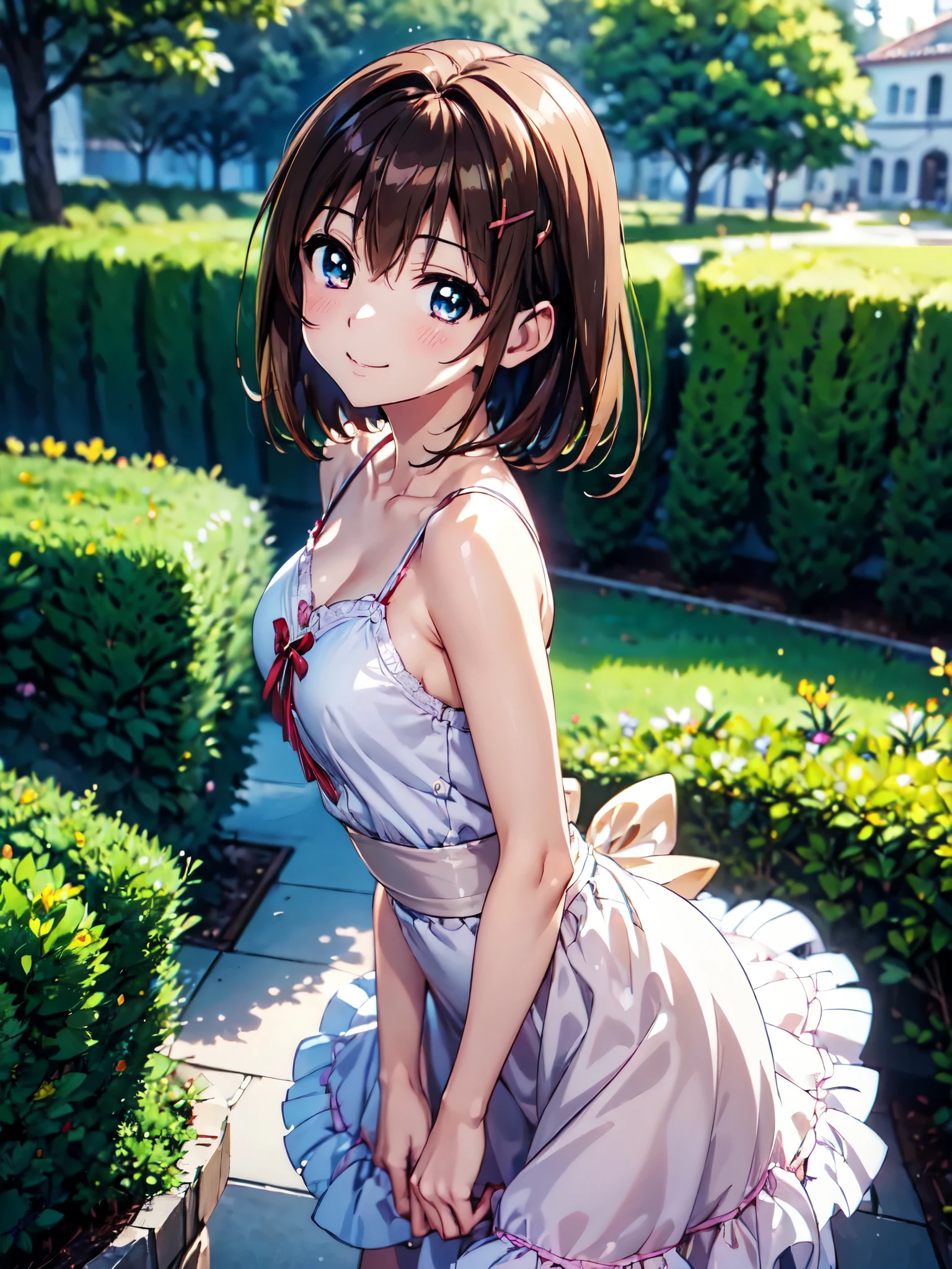 Highest quality、(Anime illustration style:1.5),High resolution、whole body、Standing、garden、hayate yagami、Shortcuts、Beautiful brown hair、Beautiful and attractive red eyes、Cross hair clip、smile、Very detailedな顔、Closed Mouth、smile、camisole、Long skirt、1 person、Beautiful Eyes, Sharp pupils, Sharp focus, (Very detailed, bloom, Shine:1.5)、(Genuine、Realistic、Realistic)、High resolution、超High resolution、Ultra-fine painting、Cowboy Shot、Leaning forward